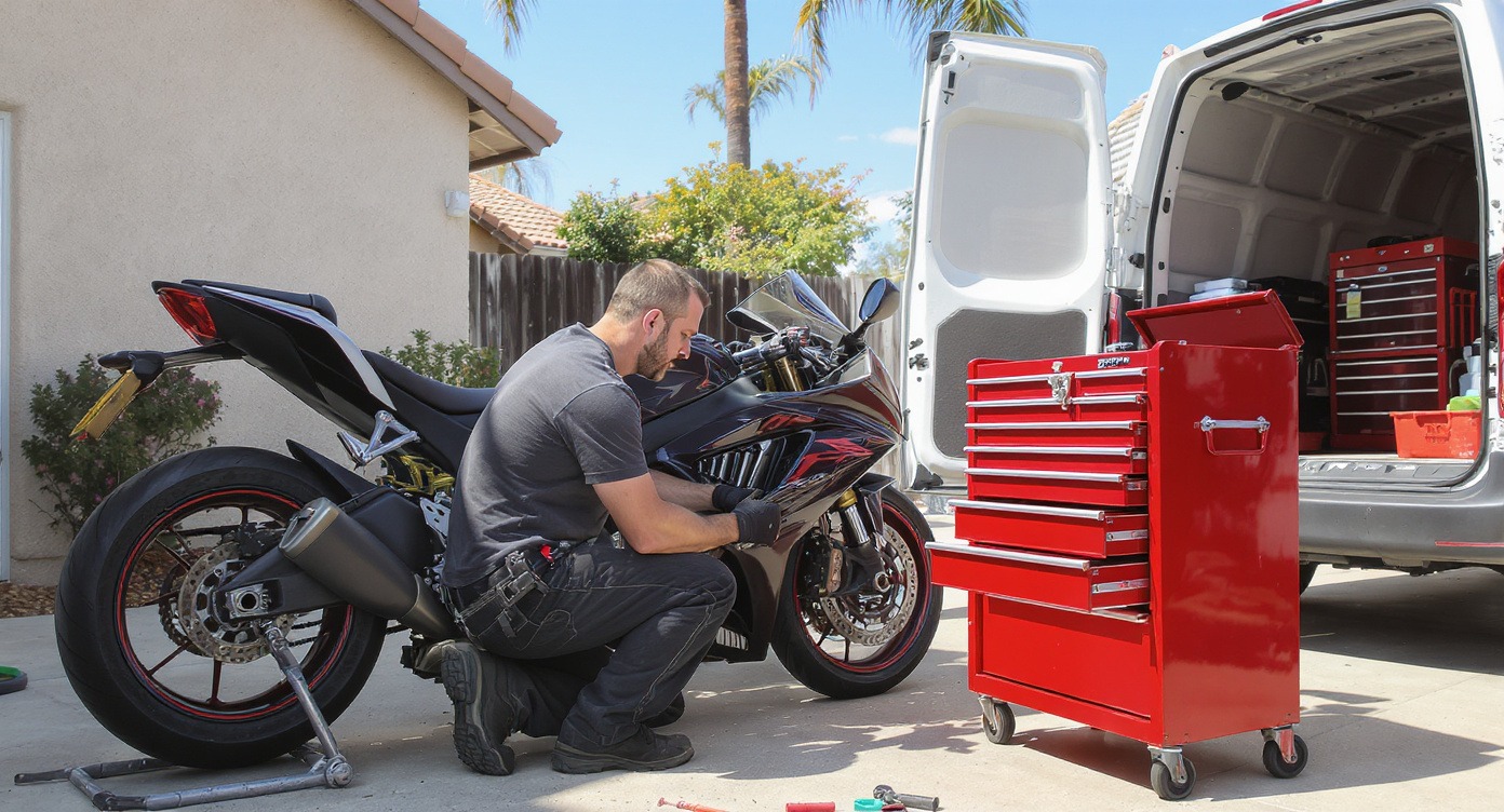 Mobile motorcycle mechanic servicing a sport bike in a San Diego driveway