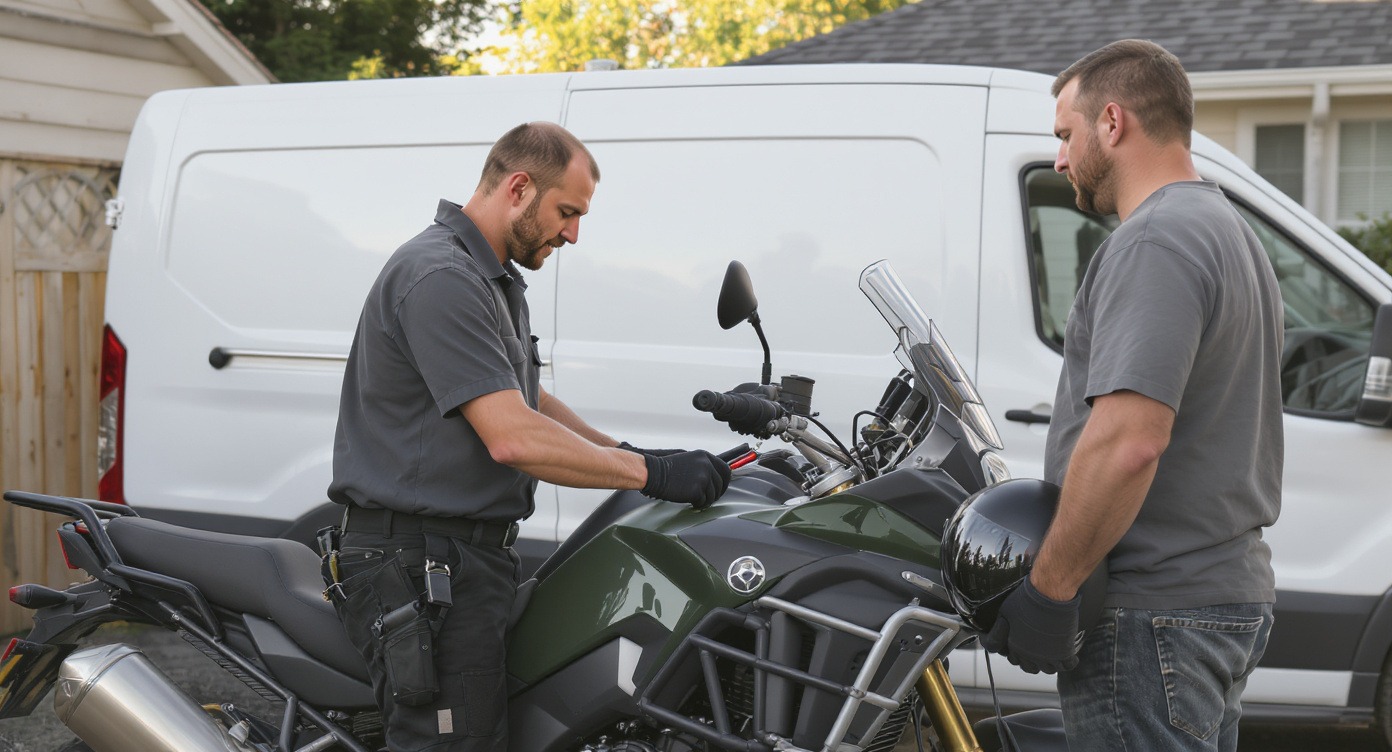 Mobile mechanic walking a rider through the service in his driveway